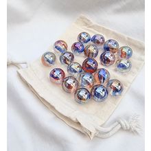 FUNFAIR - 25 Glass Marbles, Iridescent Blue & Red Swirl, 16mm, with Cotton Pouch