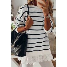 White Striped Button Dropped Shoulder Lace Splicing Top