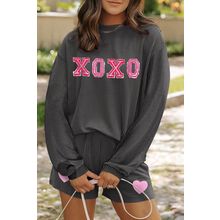 Carbon Grey XOXO Heart Patched Pattern Long Sleeve Corded Shorts Set