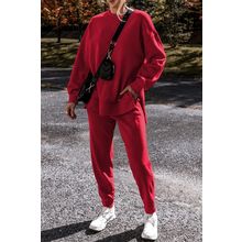 Racing Red Solid Color High Low Pullover and Skinny Pants Set