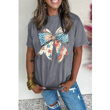 Gray US Flag Bow Print Round Neck Loose T Shirt