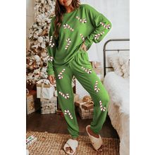 Spinach Green Sequined Christmas Cane Pattern Lounge Sweatsuit