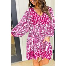 Rose Bohemian Print Puff Sleeve Tied V Neck Flared Mini Dress