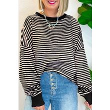 Black Stripe Loose Drop Shoulder Long Sleeve Top
