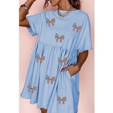 Sky Blue Star and Stripes Sequin Bow Patched T Shirt Babydoll Dress