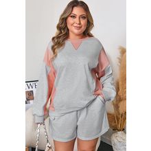 Light Grey Uneven Hem Colorblock Pullover Casual Shorts Plus Size 2pcs Outfit