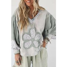 Green Floral Patched Waffle Textured Colorblock V Neck Casual Hooded Top