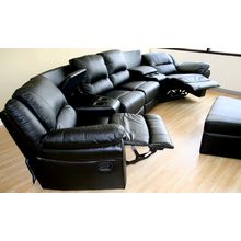 BLACK LEATHER SECTIONAL W/FLANKING RECLINERS, LOVE SEAT, STORAGE WEDGES, OTTOMAN