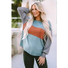 Green Colorblock Striped Bishop Sleeve Top
