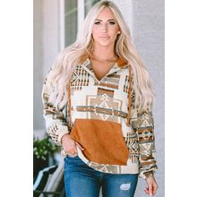 Beige Aztec Print Kangaroo Pocket Half-Zip Hoodie
