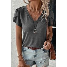 Carbon Grey Fashion Petal Sleeve V Neck T Shirt