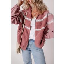 Rose Pink Sherpa Patchwork Lace Elastic Cuff Zip Up Jacket