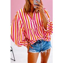 Orange Stripe Balloon Sleeve Notched V Neck Buttoned Front Blouse