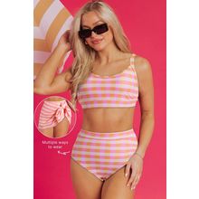 Pink 3pcs Gingham High Waist Bikini & Sarong