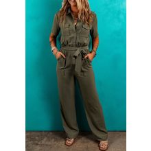 Moss Green Half Button Belted Utility Short Sleeve Jumpsuit