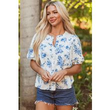 Sky Blue Floral Tiered Puff Short Sleeve Pleated Bust Buttoned Casual Shirt