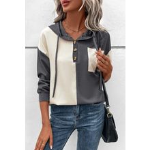 Dark Grey Waffle Colorblock Buttons Placket Drop Shoulder Drawstring Hoodie