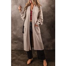 Beige Side Pockets Open Front Long Knitted Cardigan