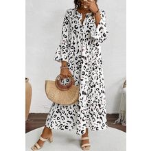 White Leopard Print Notch V Neck Loose Fit Maxi Dress