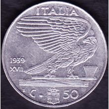 1939 Italy 50 Centesimi Coin