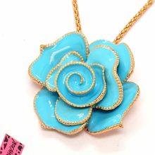 New Fashion Women Blue Enamel Crystal Passionate rose Sweater Chain Necklace