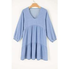 Beau Blue Puff Sleeve V Neck Tiered Ruffled Chambray Mini Dress