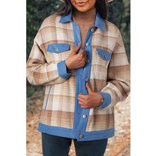 Light French Beige Plaid Patchwork Flap Detail Button Up Shacket