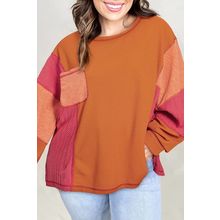 Orange Textured Knit Color Block Patchwork Chest Pocket Plus Size Top