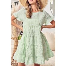 Green Stripe Textured Tiered Short Sleeve Loose Mini Dress