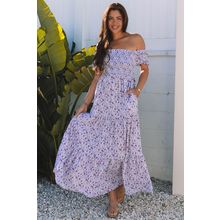 Purple Floral Short Bubble Sleeve Shirred High Waist Maxi Dress