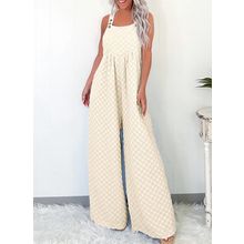 Beige Checkered Pocketed High Waist Wide Leg Overall