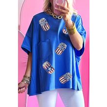 Blue Sequined American Flag Pop Can Pattern Oversized Tee