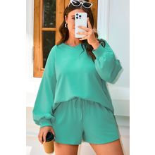 Sea Green Drop Shoulder V Neck Pullover Top and Drawstring Short Plus Size Set