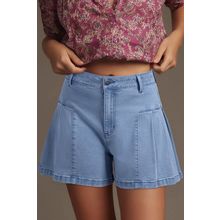 Dusk Blue Pleated Patchwork Wide Leg Lightweight Denim Shorts