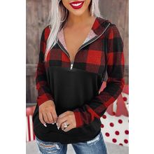 Black Contrast Buffalo Plaid Zip Pullover Hooded Top