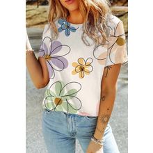 Beige Summer Flower Print Casual Round Neck T Shirt