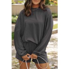 Carbon Grey Corded Knit Long Sleeve Top and High Waist Shorts Set