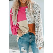 Rose Leopard Patchwork Color Block Ribbed Long Sleeve Top