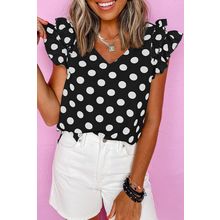 Black Polka Dot Print Ruffled Sleeve V Neck Blouse