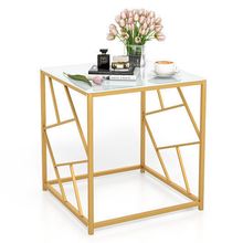 Square End Table with Tempered Glass Tabletop and Gold Finish Geometric Frame...