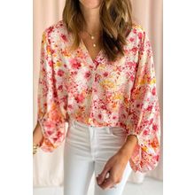 Pink Ditsy Floral Bubble Sleeve V Neck Blouse