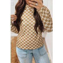 Khaki Check Pattern Turtleneck Ribbed Slim Long Sleeve Tee