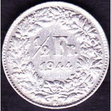 1944 B Switzerland 1 Half Franc Silver Coin