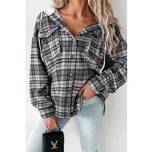 Black Plaid Print Flap Pockets Contrast Hooded Loose Shacket