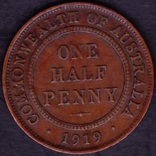 1919 Australia 1 Half Penny Coin