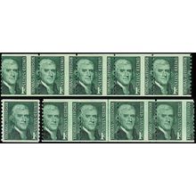 1299, Misperfed Strip of 5 & Line strip of 4 - 1¢ Jefferson coils - Stuart Katz