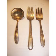 1938 PLYMOUTH SILVERPLATE SERVING FORK JEWEL PATTERN + KING EDWARD LADLE & FORK