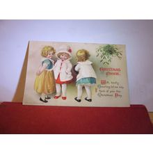 CHRISTMAS CHEER, used antique postcard by Wildt & Kray 3 young girls =