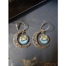 womens bronze tone owl in moon hanging earrings