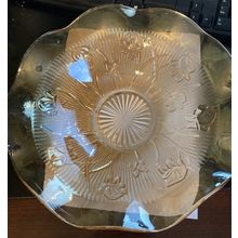 VINTAGE JEANNETTE GLASS IRIS HERRINGBONE MARIGOLD 11 1/2" FRUIT BOWL